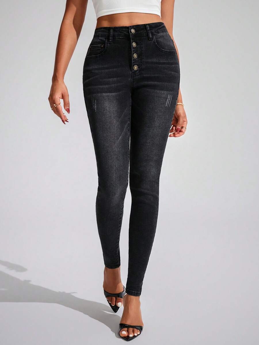 SHEIN Tall Women's Mid-Waisted Multibutton Distressed Skinny Jeans - Black - View 1