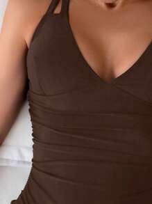 Swim Basics 1pc Women's Solid Color Drawstring Ruched Side One-Piece Swimsuit, Vacation Style For Summer - Coffee Brown - View 4