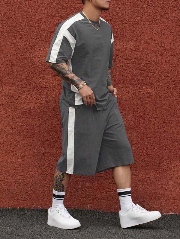 DAZY Conjunto de 2 piezas de camiseta de manga corta y pantalones cortos con estampado de letras y bloques de color para hombre en verano