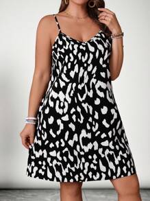 SHEIN VCAY Rochie de vară pentru femei Boho Vacation, cu imprimeu leopard, alb-negru