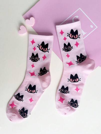 NEKONEKO Women's Pink Background Cat Pattern Mid-Calf Socks, Summer