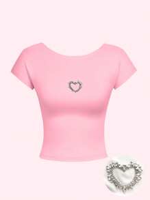 SHEIN MOD 心形水钻装饰休闲简约图案圆领修身镂空后背女式 T 恤，粉色上衣，适合夏季