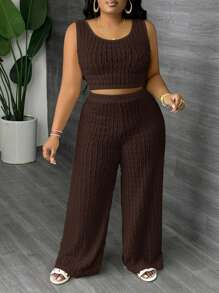 Slaydiva 2Pcs Plus Size White Solid Color Sleeveless Long Tank Top And Wide Leg Pants Set, Casual Wear For Spring And SummerSummer Outfits For Women,Two Piece Set Women - Brown - View 5