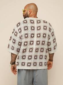 EASEVO Plus Size Men's Loose Turn-Down Collar Graphic Print 3/4 Sleeve Cardigan Going Out Drop Shoulder Casual Cardigan, For Husband, Boyfriend Gifts, For Fall Winter