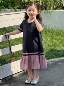 Dazy Kids Young Girl Summer Casual Colorblock Ruffle Hem Loose Dress - Black - View 6