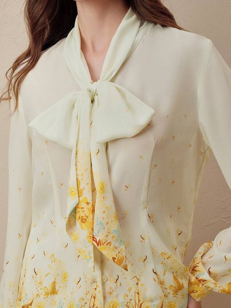 New Spring Women Casual Bow Decor Elegant Printed Long Sleeve Blouse