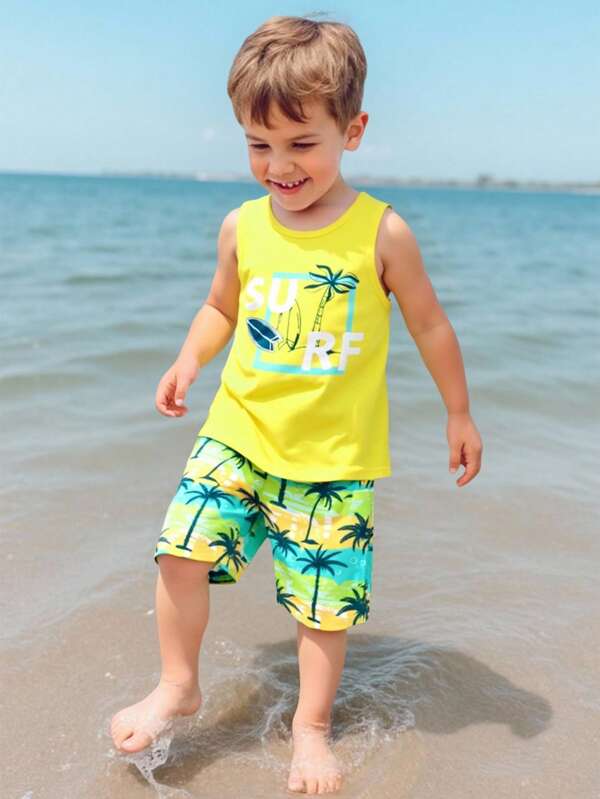 SHEIN Young Boy Casual Fashionable Printed Coconut Tree Pattern Vest And Patchwork Coconut Tree Print Shorts 2 Pieces Set, Suitable For Spring/Summer, Beach Vacation