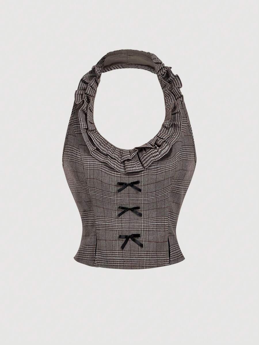 SHEIN MOD Women's Khaki Plaid Halter Neck Camisole Top - Khaki - View 1