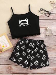 SHEIN Tween Girls Cute Cat Pattern Cami Top And Shorts 2pcs Pajama Set - Black - View 1