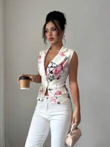 Elenzga Women Floral Print Distressed Collar Sleeveless Elegant Blazer
