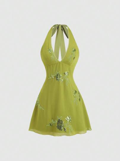 Sweetra Sexy European Style Summer Fresh Green Sequin Decor V-Neck Cinched Waist Mini Dress, Alluring And Sweet