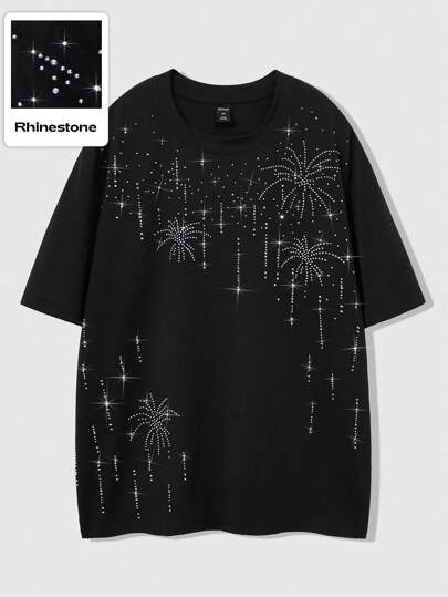 Street Life T-shirt à manches courtes de rue pour hommes avec imprimé graphique en anglais orné de strass, rave