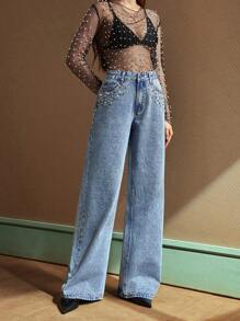 SHEIN BAE Low-Rise Distressed Embellished Rhinestone Washed Straight Leg Jeans - Medium Wash - View 6