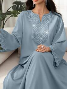 SHEIN Najma Váy hoa trang trí đính cườm tay loe cổ chữ V thanh lịch, phong cách Ả Rập, xuân/hè - Màu xanh bụi bặm - Xem 3