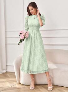 Modelyn اليوم الوطني السعودي فستان ماكسي أنيق لحفلات المساء مزين بالدانتيل وأزرار عند الوسط