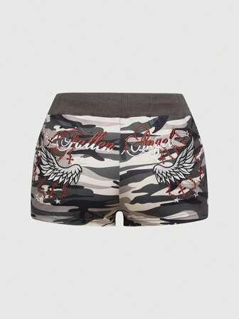 ROMWE Avant Short miniatura de cintura baja con bordado de ala y cruz en estilo camuflaje Y2K para mujeres de talla grande