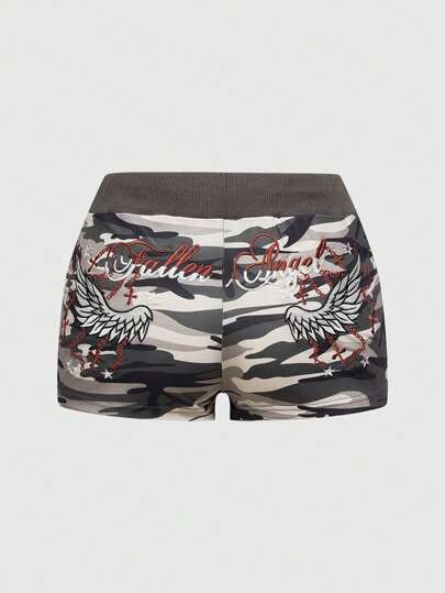 ROMWE Avant Plus Size Y2K Style Camouflage Wing & Cross Embroidery Low-Waist Mini Shorts For Women