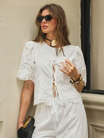 ATUI Studio 刺繍パッチワーク 無地 レース 半袖 エレガントブラウス