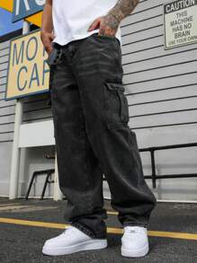 Manfinity EMRG Plus Size Men's Cargo Pocket Wide Leg Loose Casual Jeans College Hang Out Commute Street Urban