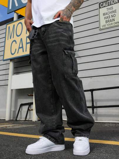 Manfinity EMRG Plusstorlekar Herrjeans med Cargofickor och Vida Ben, Lösa Casual-jeans