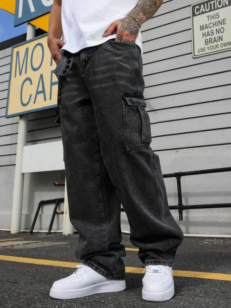 Manfinity EMRG Plus Size Men's Cargo Pocket Wide Leg Loose Casual Jeans College Hang Out Commute Street Urban