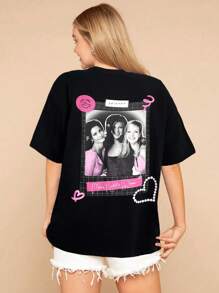 FRIENDS X SHEIN Elena Ilustra 女士圆领短袖T恤，夏季时尚 - 黑色 - 查看 4