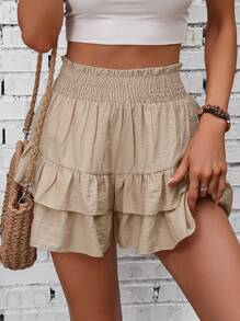 SHEIN PETITE Women's Solid Color Ruffled Layered Mini Shorts Vacation Skorts - Khaki - View 1