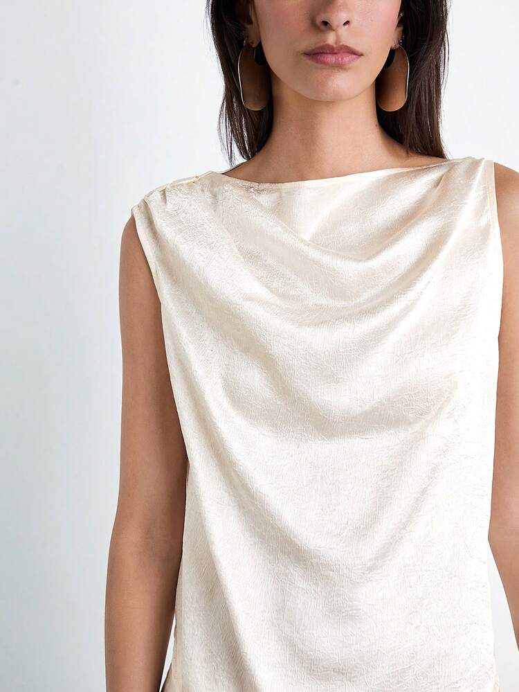 SHEIN Maija Women Beige Asymmetric Shoulder Design Casual Top,Textured Photogenic Fabric Loose Fit Sleeveless Versatile Urban Fashion Apparel Asymmetrical Draped Top, Elegant And Intellectual
