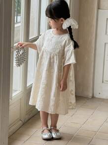 DAZY Kleine Mädchen Rundhals Kleid mit strukturiertem Blume Muster in Midi-Länge, geeignet für Geburtstagsparty - Aprikosenfarben - Übersicht 6