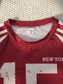 SHEIN Explorewe 撞色数字印花圆领短袖T恤 - 酒紅色 - 查看 4