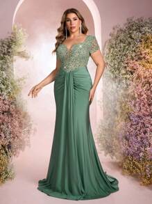 Glamrae Váy đuôi cá xếp nếp co giãn đính hạt và sequin màu xanh lá cây nhạt thanh lịch sang trọng cỡ lớn, thích hợp cho đám cưới, tiệc tùng, tiệc cocktail, những dịp trang trọng (Thiết kế trang trí đậm) - màu xanh lá - Xem 6
