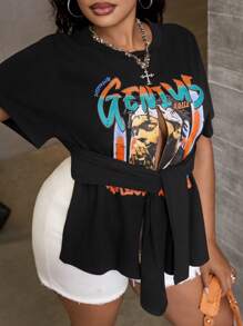 Dripcurv Blusa de manga corta con cuello redondo, estampado y lazo delantero, para tallas grandes, verano - Albaricoque - Ver 6