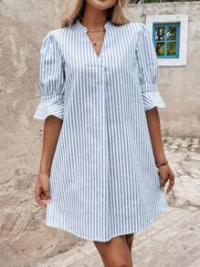 SHEIN Clasi Sommer elegantes Damen V-Ausschnitt Baumwolle und gestreiftes Kurzarm Kleid, mit mikroversteckter Taille, A-Linie