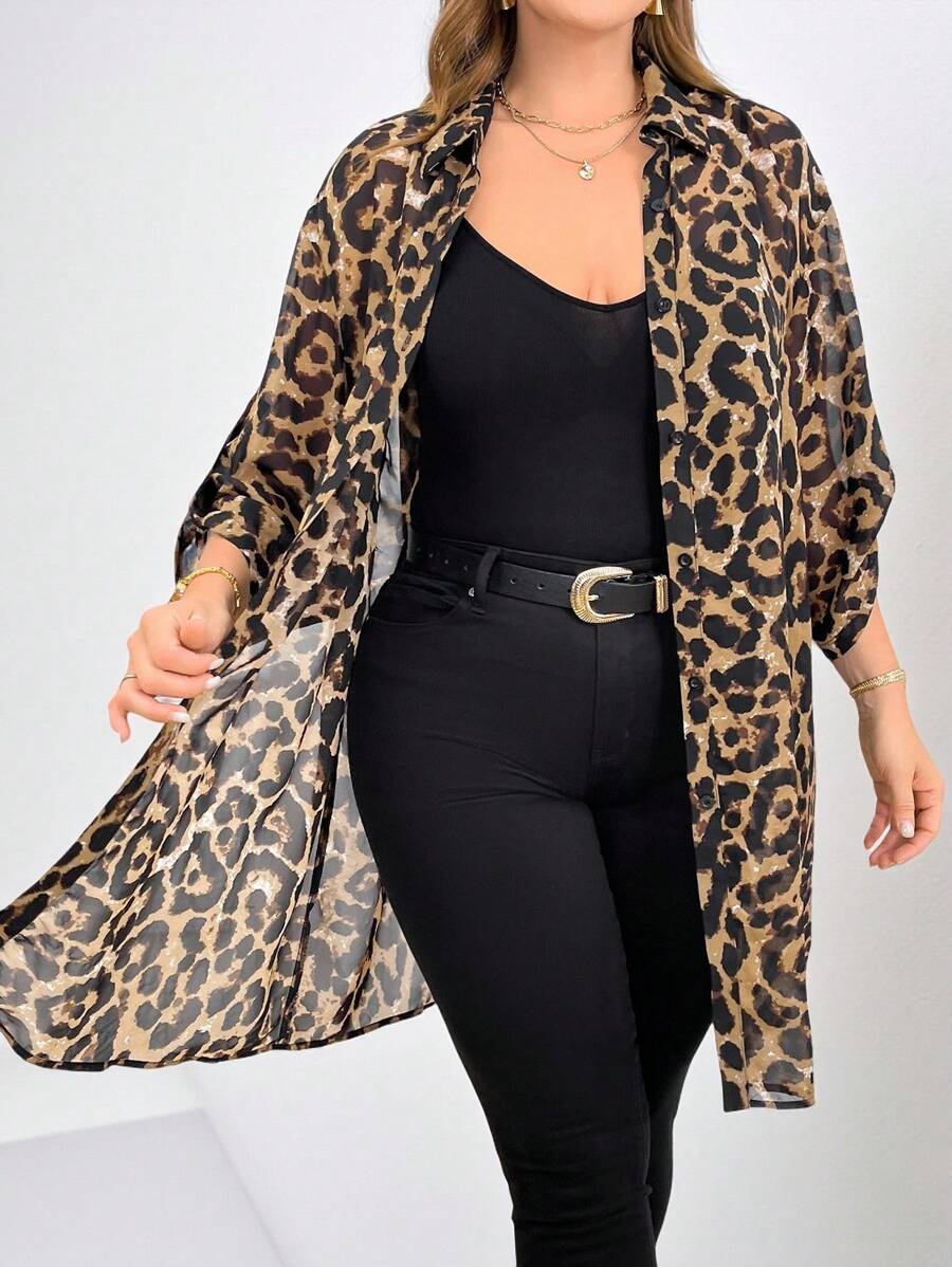 SHEIN Clasi 大尺碼女士豹紋半透明上衣，適用於夏季 - 彩色 - 查看 1