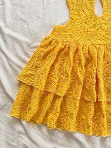 Soleia Women's Yellow Summer Boho Holiday Vacation Textured Deep V-Neck Backless Tied Bow Ruffle Hem Mini Dress, Beach Sundress For Party&Wedding Season - Yellow - View 3