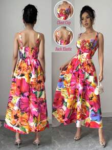 SHEIN Unity Rafferiza 女式浪漫红色彩色花卉印花纯色情人节约会生日度假休闲连衣裙荷叶边前系带蝴蝶结可爱太阳裙演唱会服装优雅吊带后背不对称腰部修身A字下摆2025夏季新款长裙 - 彩色 - 查看 5