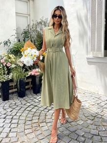 SHEIN LUNE Váy midi bó họa tiết jacquard xanh lá cây thường ngày cho nữ, không tay, mùa hè - màu xanh lá - Xem 6