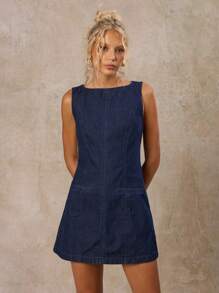 Avantive 夏季新款无袖原色牛仔通勤复古女牛仔高街女式牛仔连衣裙 - 深色水洗藍 - 查看 1