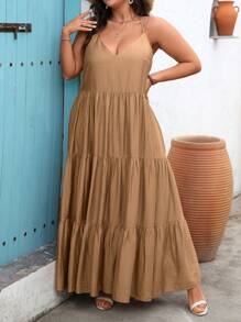 Flirla Vestido largo de verano de talla grande para mujer, de estilo bohemio, suelto y elegante, para vacaciones y uso diario, de un solo color y con múltiples capas y tirantes divididos - Marrón - Ver 5
