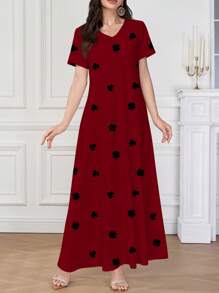 Mulvari Women's Elegant V-Neck Short Sleeve Printed Knit Dress, Suitable For Layering, Work, Dating, Casual, Party, Festivals. Featuring Clover Print Design, Flattering Silhouette, Perfect For Summer Women Casual Dress Women Dresses Birthday Women S Clothes Women Plus Clothing Formal Women Birthday Outfit