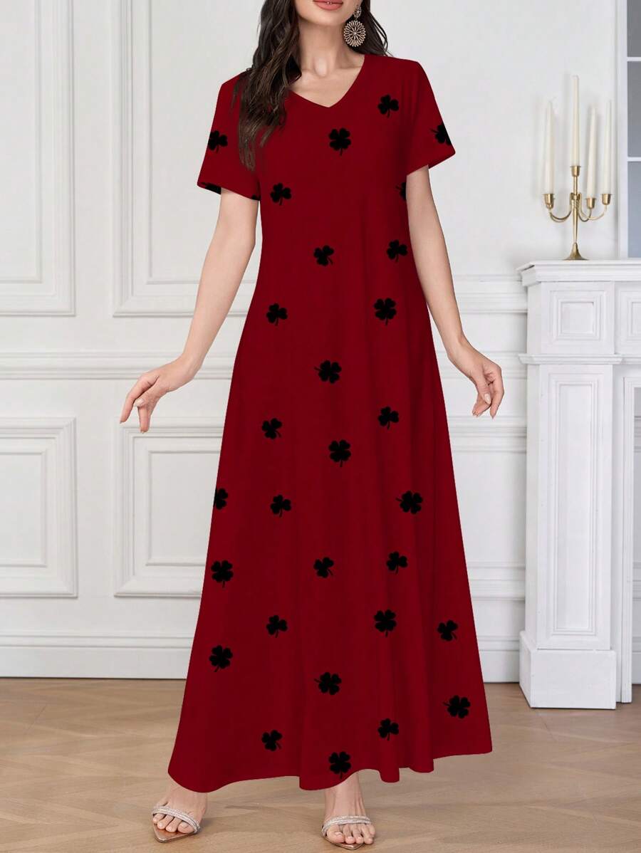 Mulvari Women's Elegant V-Neck Short Sleeve Printed Knit Dress, Suitable For Layering, Work, Dating, Casual, Party, Festivals. Featuring Clover Print Design, Flattering Silhouette, Perfect For Summer Women Casual Dress Women Dresses Birthday Women S Clothes Women Plus Clothing Formal Women Birthday Outfit