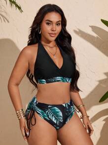 Swim Vcay Set de bikini con estampado de hojas tropicales, con tirantes atados al cuello y cordones cruzados en el pecho, para tallas grandes, nuevo lanzamiento 2025, estilo europeo y americano