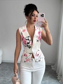 Elenzga Women Floral Print Distressed Collar Sleeveless Elegant Blazer