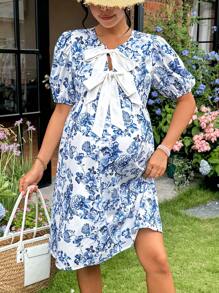 SHEIN 女士花卉印花前结夏季迷你连衣裙，孕妇装 - 藍白色 - 查看 1