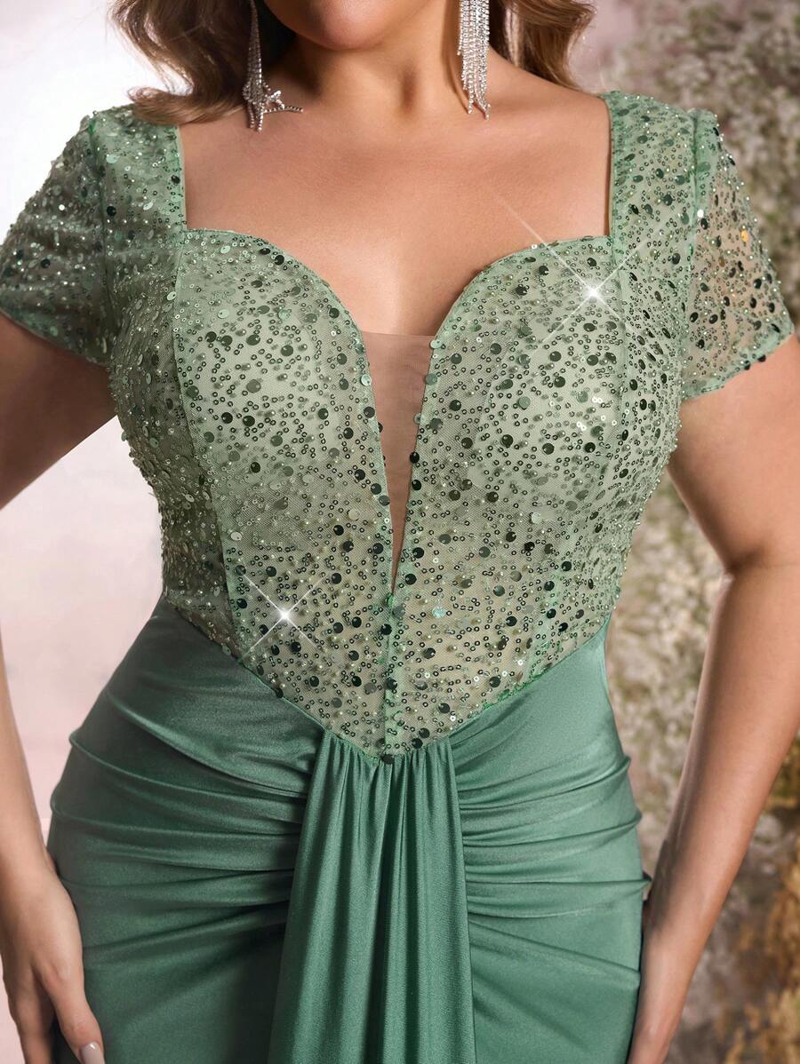 Glamrae Váy đuôi cá xếp nếp co giãn đính hạt và sequin màu xanh lá cây nhạt thanh lịch sang trọng cỡ lớn, thích hợp cho đám cưới, tiệc tùng, tiệc cocktail, những dịp trang trọng (Thiết kế trang trí đậm) - màu xanh lá - Xem 1