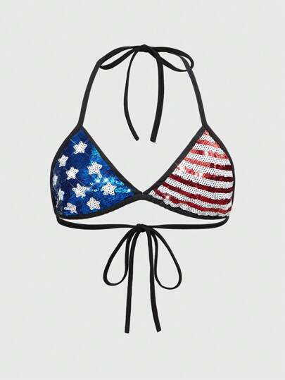 J-Fashion Canottiera a bustiera con paillettes a motivo bandiera americana in stile Y2K, per taglie forti, adatta a festival musicali