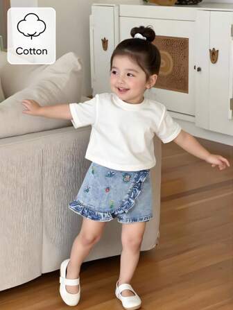 Young Girl Summer New Delicate Floral Embroidery Soft Denim Frill Trim Elastic Waist Denim Shorts