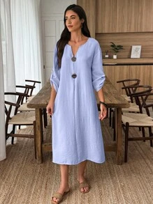Lyxana 女士复古秋季装饰木纽扣连衣裙 - 淺藍色 - 查看 3