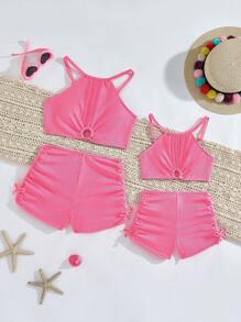 SHEIN Set di costumi da bagno per giovani ragazze, top canotta e pantaloncini di colore unito, modello delicato e carino
