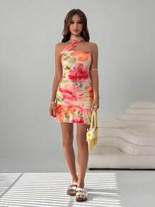SHEIN EZwear Women's Summer Floral Print Halter Neck Ruched Fitted Ruched Hem Vacation Dress - Pink - View 5
